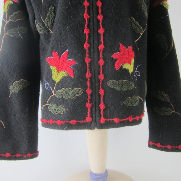 Tally Ho Womens S Black Boiled Wool Floral Full Zip Long Sleeve Jacket Cardigan - Picture 6 of 16